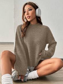 SHEIN PariChic 宽松休闲百搭高领长袖套头衫 - 棕色 - 查看 3