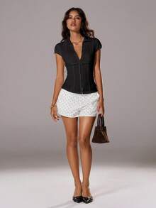 TRNVIE Summer White Textured Collar Fitted Slim Fit Chest Button Sexy Office Lady Cotton Striped Short Sleeve Shirt - Black - View 8