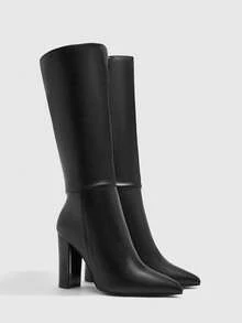 CUCCOO BIZCHIC 高品质黑色及膝靴，尖头粗跟优雅女靴，时尚百搭新设计长靴，展现女性魅力和优雅 - 黑色 - 查看 6
