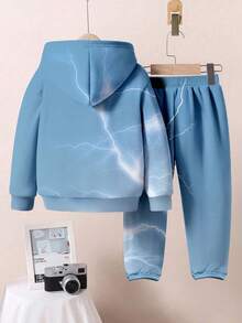 SHEIN 2 件儿童休闲极简主义闪电、蓝色渐变印花连帽衫套装，适合秋冬季 - 彩色 - 查看 3