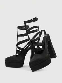 CUCCOO LuxiPop 女士户外尖头粗高跟鞋双平台黑色面料交叉带设计时尚舒适日常聚会宴会扣带高跟鞋 - 黑色 - 查看 8