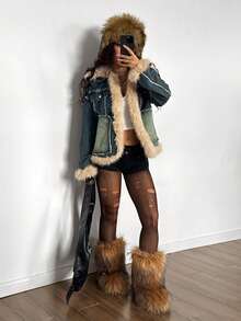 StreetHx 女式仿皮草衬里牛仔夹克 - 藍色 - 查看 4