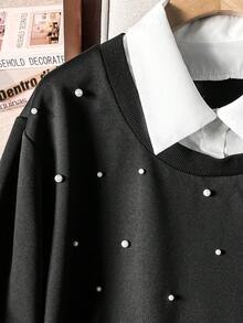 Lacomfia Women's 2 In 1 Long Sleeve Colorblock Pearl Decor Casual Comfortable Minimalist Chic Plus Size Sweatshirt