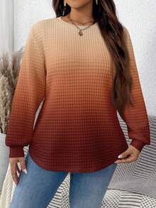 EMERY ROSE Thanksgiving Brown Ombre Print Casual Minimalist Plus Size Waffle Sweatshirt, Suitable For ,Spring - Multicolor - View 4