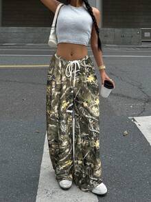 SHEIN EZwear 女式迷彩印花针织阔腿运动裤 - 彩色 - 查看 4