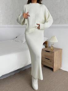 EURMUSE 女士套头毛衣和修身长裙两件套套装 - 白色 - 查看 5