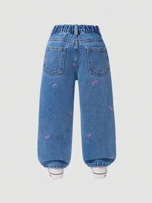 SHEIN 年轻女孩牛仔裤，秋冬新款时尚可爱街头风格蝴蝶结刺绣宽松直筒牛仔裤 - 中等水洗藍 - 查看 2