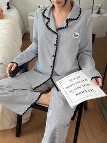 SHEIN 编织条纹刺绣拼接长袖上衣和裤子女士睡衣套装秋冬服装 - 深灰色 - 查看 1