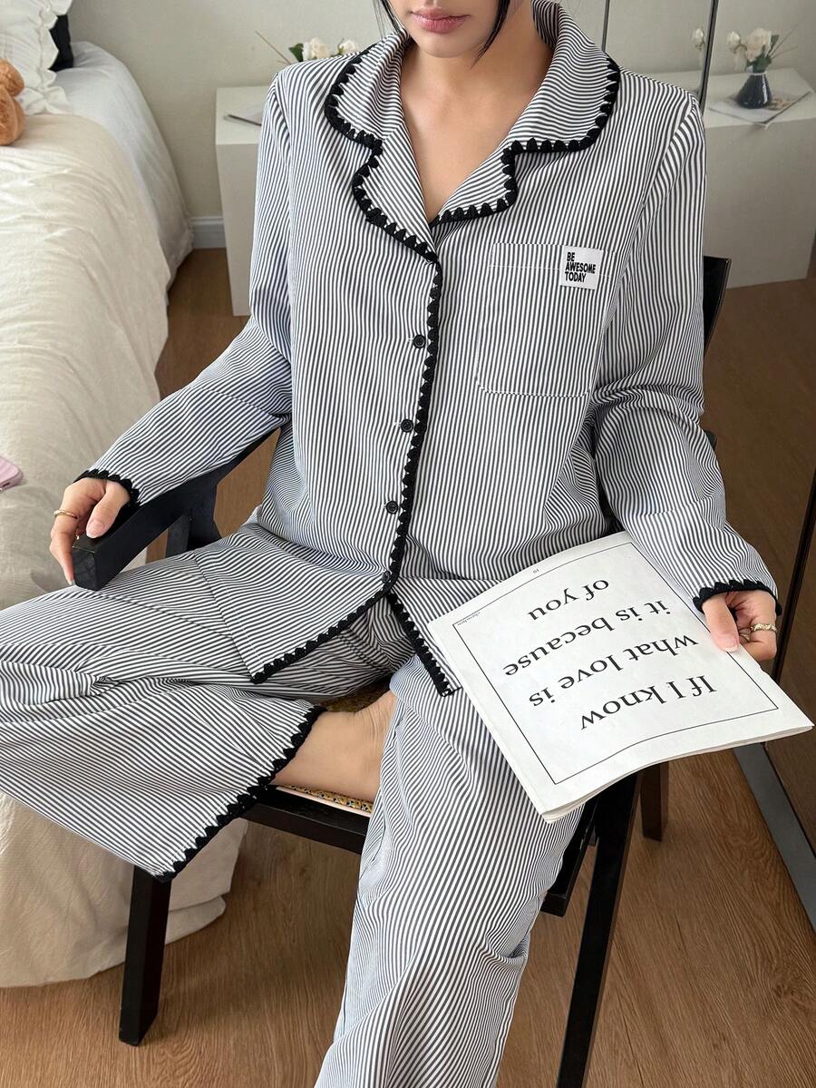 SHEIN 编织条纹刺绣拼接长袖上衣和裤子女士睡衣套装秋冬服装 - 深灰色 - 查看 1