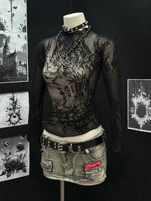 EgrlEra Elegant Black Jacquard Long Sleeve Blouse - Black - View 3