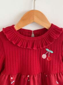 SHEIN Baby Girls' Cute Red Cherry Embroidery Long Sleeve Princess Dress, Sweet Dress For Toddlers, Spring/Autumn - Burgundy - View 5