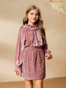 2pcs Girls Pink Velvet Top & Fitted Skirt Set, Sequin Design Suitable For Party, Prom, Graduation, Birthday, Christmas - Pink - View 5