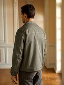 Mainfolk Men's Casual Stand Collar Contrast Color Line Utility Jacket, For Fall Winter - Army Green - View 2