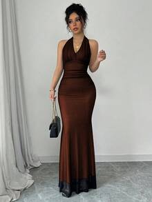 Rafferiza 优雅修身鱼尾下摆 V 领腰部褶皱针织网眼玫瑰红色衬里长款连衣裙，适合女士，秋冬