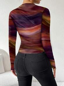 Chiquease Camiseta de manga larga asimétrica con pliegues y estampado degradado, camisetas gráficas para mujer de otoño/primavera - Naranja - Ver 2