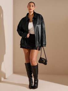 SHEIN BAE 大码女式纯色落肩长袖前拉链宽松休闲 PU 皮夹克，秋季 - 黑色 - 查看 1
