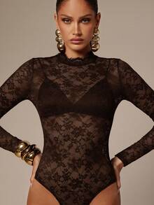 Silquee Women's Floral Lace Stand Collar Long Sleeve Sexy Bodysuit - Coffee Brown - View 4