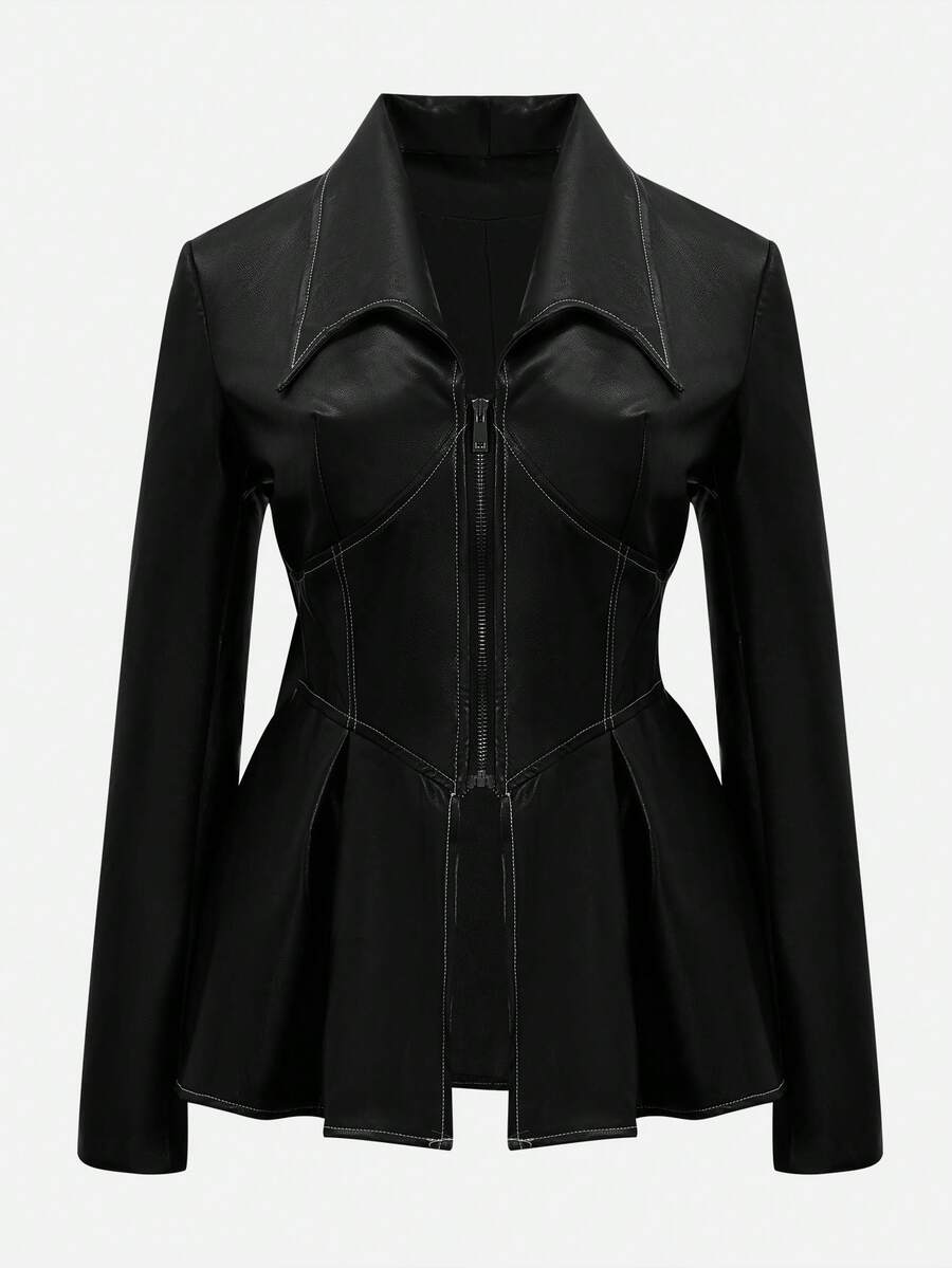 SHEIN Unity 女士哥特朋克风休闲舒适PU皮夹克，腰部收紧设计，适合万圣节角色扮演 - 黑色 - 查看 1