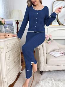 女士休闲加绒长袖上衣和裤子家居服两件套，藏蓝色家居服套装，秋冬款 - 藏蓝色 - 查看 6