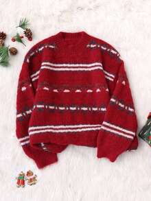 GENKIRA Geometric Textured Jacquard Casual Loose Dropped Shoulder Crew Neck Sweater - Red - View 2