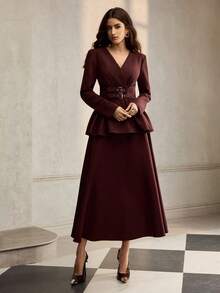 ZEYLAH 女式束腰 V 领长袖上衣和裙子两件套，秋冬 - 酒紅色 - 查看 6