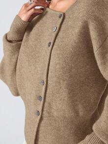 LYSMO Áo khoác len cardigan tay dài, cài khuy đơn, màu kaki thường ngày, trễ vai, màu kaki ngắn, cài nút mùa thu, áo len cardigan cài nút - Màu Khaki - Xem 7
