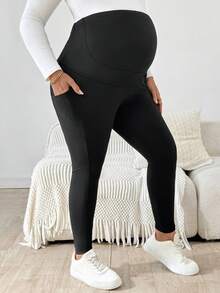 SHEIN 孕妇大码休闲纯色修身裤 - 黑色 - 查看 4