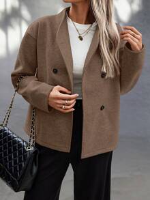 EMERY ROSE 女士纯色长袖双排扣休闲宽松夹克，秋冬 - 咖啡棕 - 查看 4