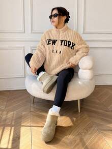 SHEIN EZwear Women's Casual Wool-Lined Letter Print Zip-Up Hoodie And Pants Set, Apricot, Autumn/Winter Hoodie And Sweatpants Set, Homewear & Workwear Y2K Fluffy Thickened Autumn 2 Pieces Casual Set, Women's New York Apparel, Women's Comfortable Clothing