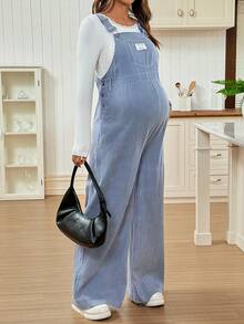 SHEIN Fall Clothes,Autumn Clothes,Maternity Autumn/Winter Clothes  2pcs Maternity Casual Ribbed Top & Ribbed Bib Pants Set - Blue - View 3