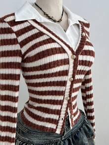 SHEIN Unity Velvet Striped Textured Women's Long Sleeve Single-Breasted Fitted Shirt - Multicolor - View 4