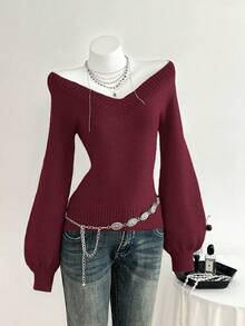 Elamini Áo len tay loe cổ chữ V trơn màu thường ngày cho nữ, mùa thu/đông - Đỏ - Xem 3