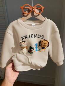 SHEIN 男婴可爱动物图案保暖圆领卫衣，舒适百搭休闲基础款套头衫，适合室内、室外、日常穿着、运动、玩耍、聚会、拍照、秋冬季度假等场合。