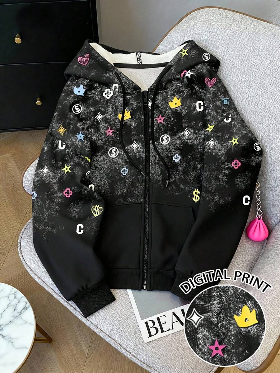 INAWLY 女士连帽卫衣，休闲街头风，带有酷炫星星图案，拉链夹克，适合户外、日常穿着、街头风格 - 黑色 - 查看 1