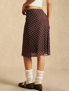 Easelle Coffee Brown Polka Dot Mesh Skirt, Midi Skirt, Brown Mesh, Retro Casual Style, 2025 Autumn/Winter. - Coffee Brown - View 2