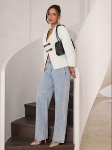 Modelyn Chaqueta corta casual de manga larga con cuello en V y hombros caídos para mujer, ropa de otoño e invierno - Albaricoque - Ver 7
