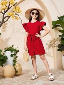 Sparklyn Girls' Round Neck Sleeveless Ruffle Hem Belted Jumpsuit, Vacation