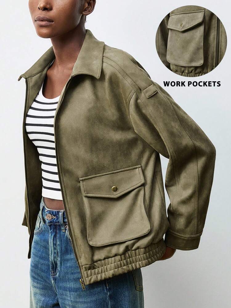 SHEIN Maija Women's Autumn/Winter Suede Jacket With Lapel Collar, Shoulder Strap, Large Patch Pockets, Elastic Hem, Button Front With Hidden Zipper Oversized Jacket Women Jackets Cropped Jackets Jackets For Women Summer Shackets For Women Christmas Women's Winter New Year Thanksgiving For Women Party Halloween Costume Women Cozy Fall And Winter For Women Fall Winter 2025 Women