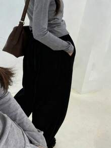 SHEIN 女式黑色松紧腰宽松休闲慢跑裤，带口袋 - 黑色 - 查看 2