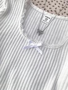 Tween Girl Street, Basic, Daily, Versatile, Solid White Knit Crew Neck Loose Long Sleeve Contrast Lace Bow T-Shirt Top, Back-To-School, Cute Winter White Ribbed Long Sleeve To - White - View 4