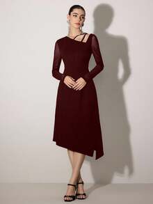 Poshira Women's Asymmetric Cold-Shoulder Elegant Formal Dress, Slim Fit Cocktail Party Black Gown - Burgundy - View 5