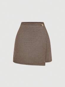 SHEIN MOD 格子A字迷你裙，节日派对女裙，新年，假日，棕色裙子 - 棕色 - 查看 1