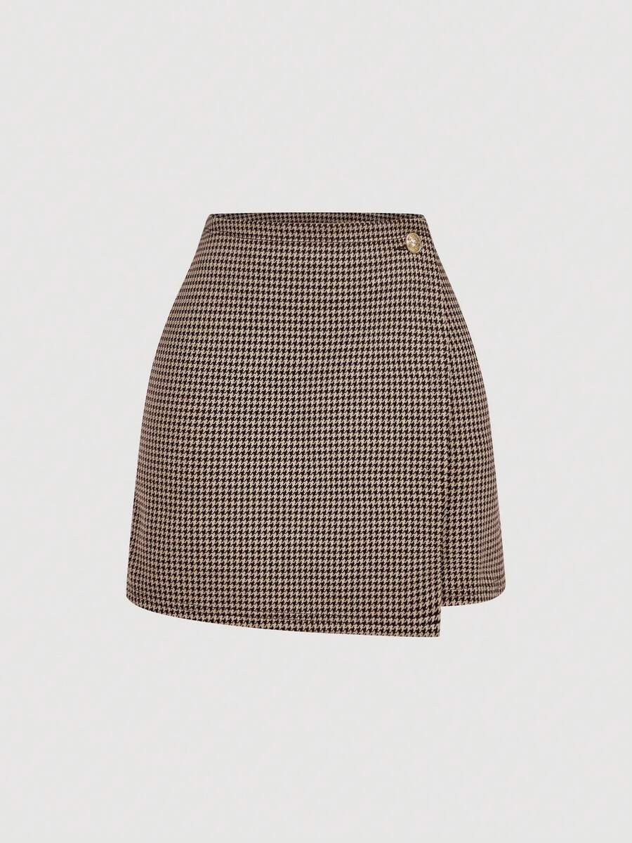 SHEIN MOD 格子A字迷你裙，节日派对女裙，新年，假日，棕色裙子 - 棕色 - 查看 1