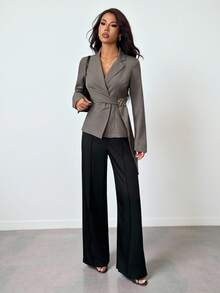 SHEIN PETITE Women's Metal Decoration Brown Gray Imitation Linen Waist Suit Jacket/Fall Women Clothes/Fall Outfits Women /Fall Outfits/Back To School/Homecoming/Business Casual Woman /Old Money Style Women/Office Outfits For Women/Going Out Outfits,Fall Clothes For Women