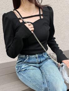 FRIFUL Women's Square Neck Fitted Tie-Wrap Puff Sleeve Ribbed Fabric Long Sleeve T-Shirt, Sweet Layering Piece For Autumn/Winter - Black - View 7