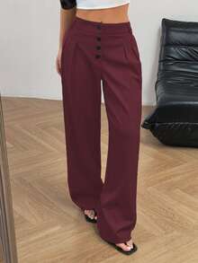 SHEIN Unity Quần ống rộng xếp ly đơn giản màu trơn cài nút phía trước dành cho nữ, thích hợp đi làm và đi chơi - Màu Đỏ Sâu - Xem 5