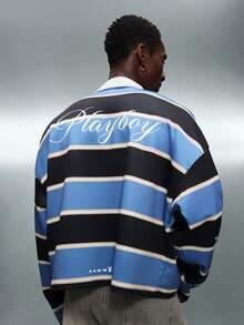 PLAYBOY X SUMWON Crop Fit Long Sleeve Striped Polo Shirt With White Collar And Button Placket Classic Rugby Style Top - BLUE AND BLACK - View 1