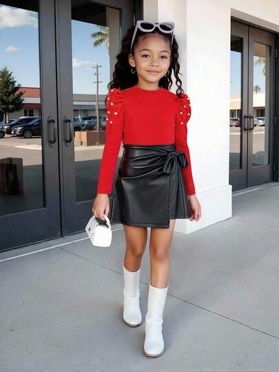 Flickors vintage streetwear rund halsad t-shirt med Gigot-ärm och pärldekor, i kombination med PU-kjol med hög midja och rosett, höst/vinter 2-delat set