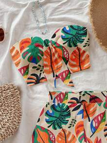 Soleia 大码女式热带植物印花抹胸上衣和短裤时尚两件套 - 彩色 - 查看 4
