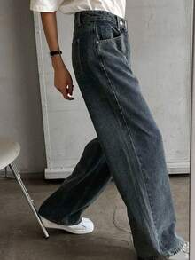 DAZY Quần Jeans Ống Rộng Dài Màu Trơn Thường Ngày Mùa Xuân/Thu Cho Nữ - Màu xanh lam - Xem 3